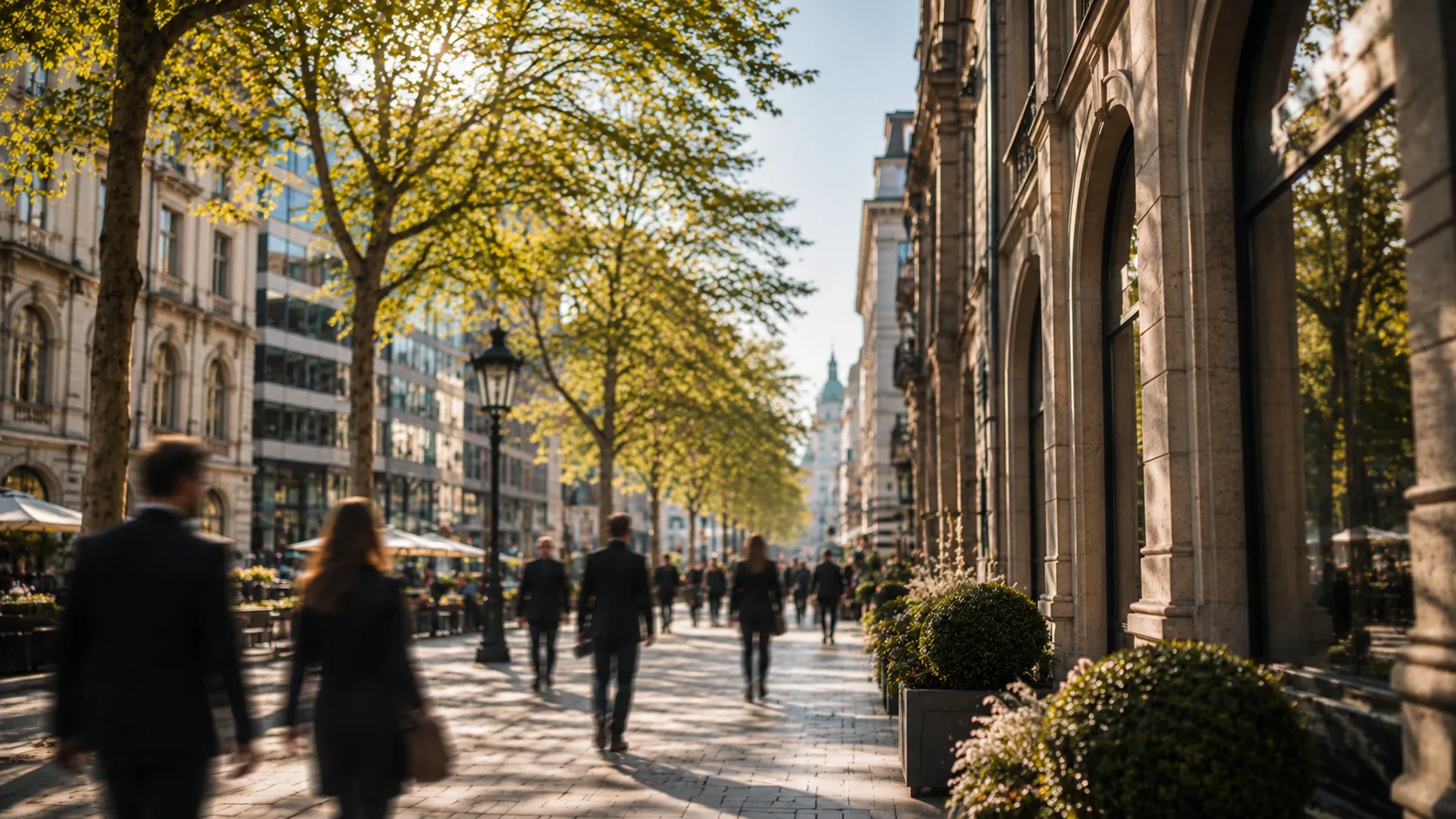Belebte Allee in der Innenstadt mit Passanten zwischen Bäumen und Altbaufassaden