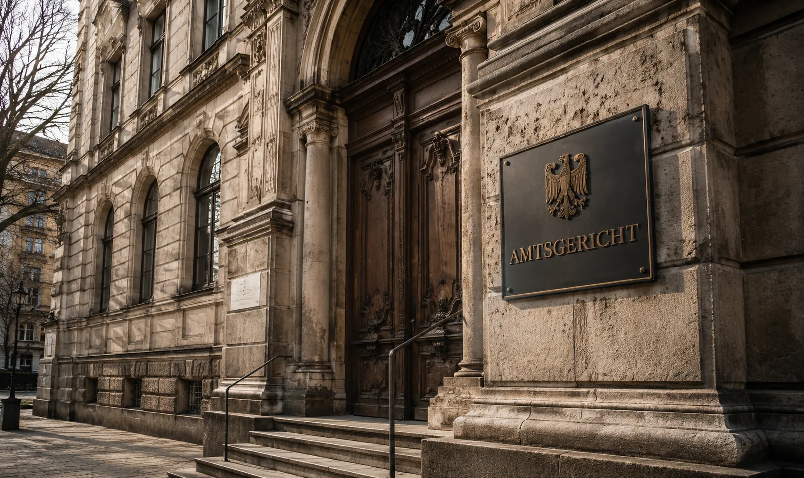Eingangsportal eines Amtsgerichts, rechts das Messingschild mit Bundesadler und der Aufschrift Amtsgericht