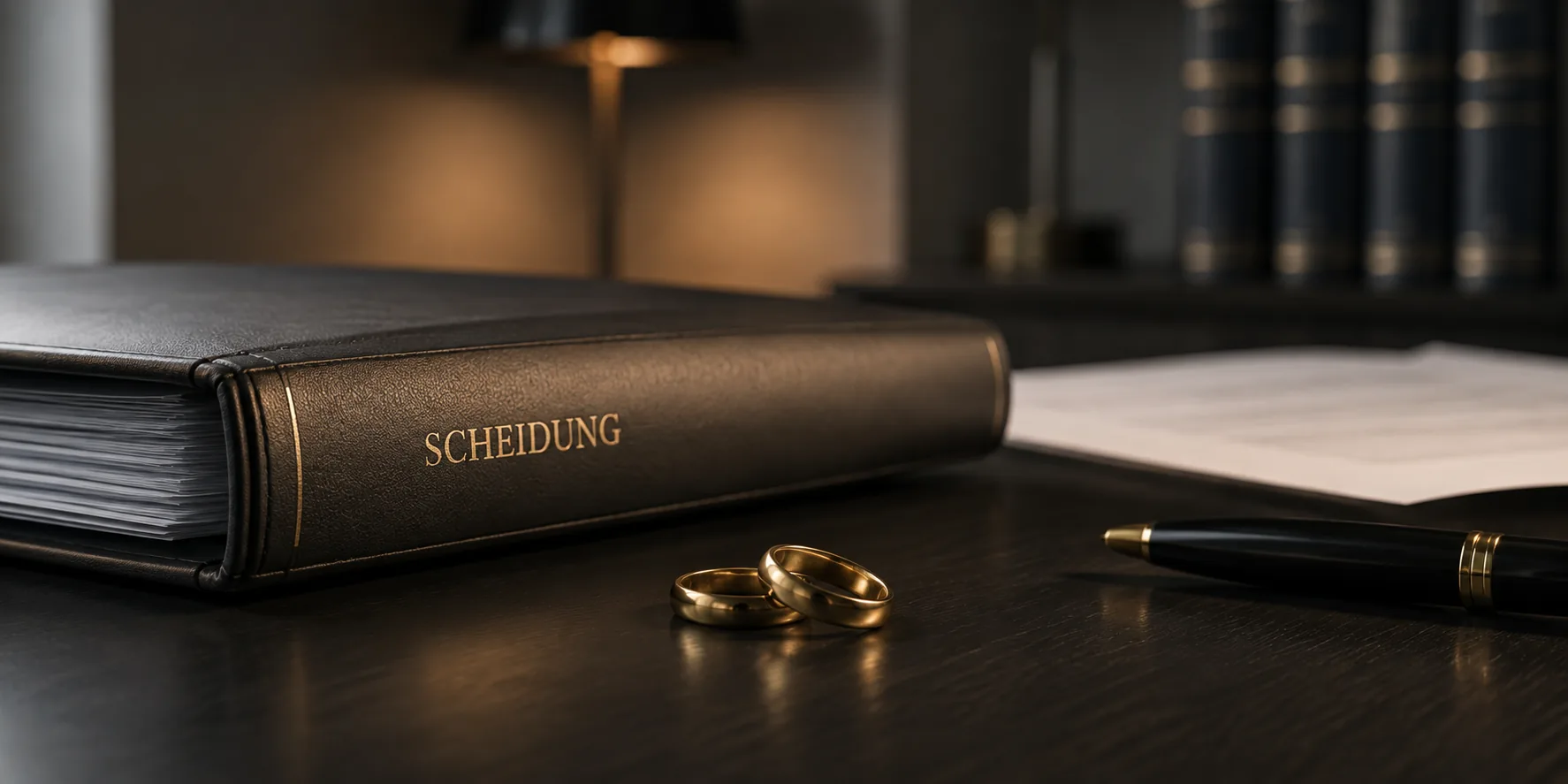 Dunkler Aktenband mit goldener Prägung „Scheidung“ auf einem Schreibtisch, davor zwei Eheringe