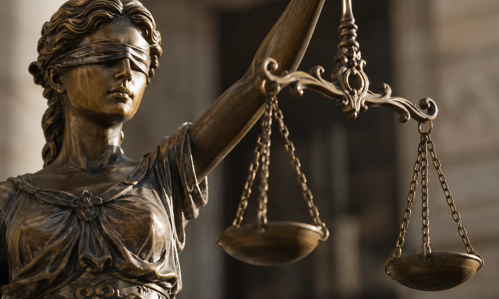 Bronzestatue der Justitia mit verbundenen Augen und einer Waage