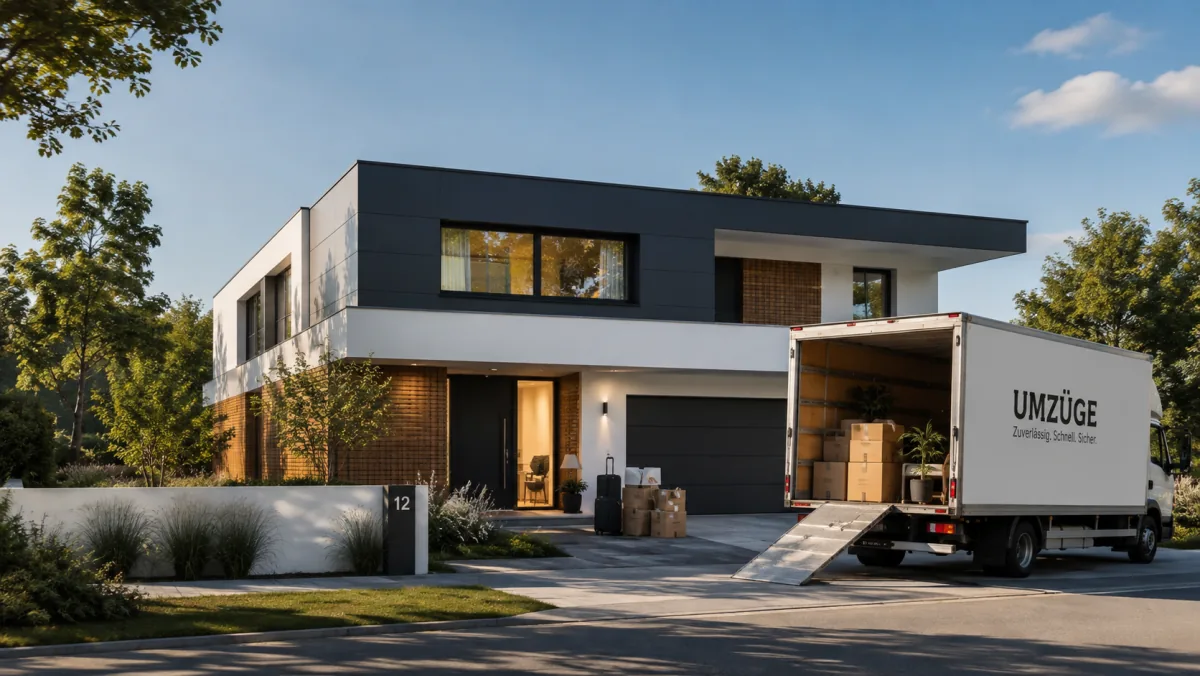 Ein modernes Wohnhaus mit beleuchtetem Eingang, davor ein Umzugswagen mit Kartons