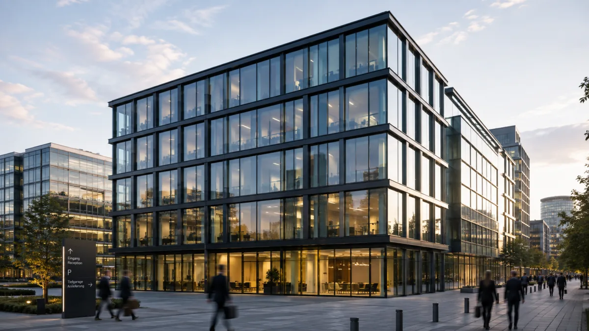 Modernes Bürogebäude mit Glasfassade am frühen Abend, davor Passanten auf dem Weg zum Eingang