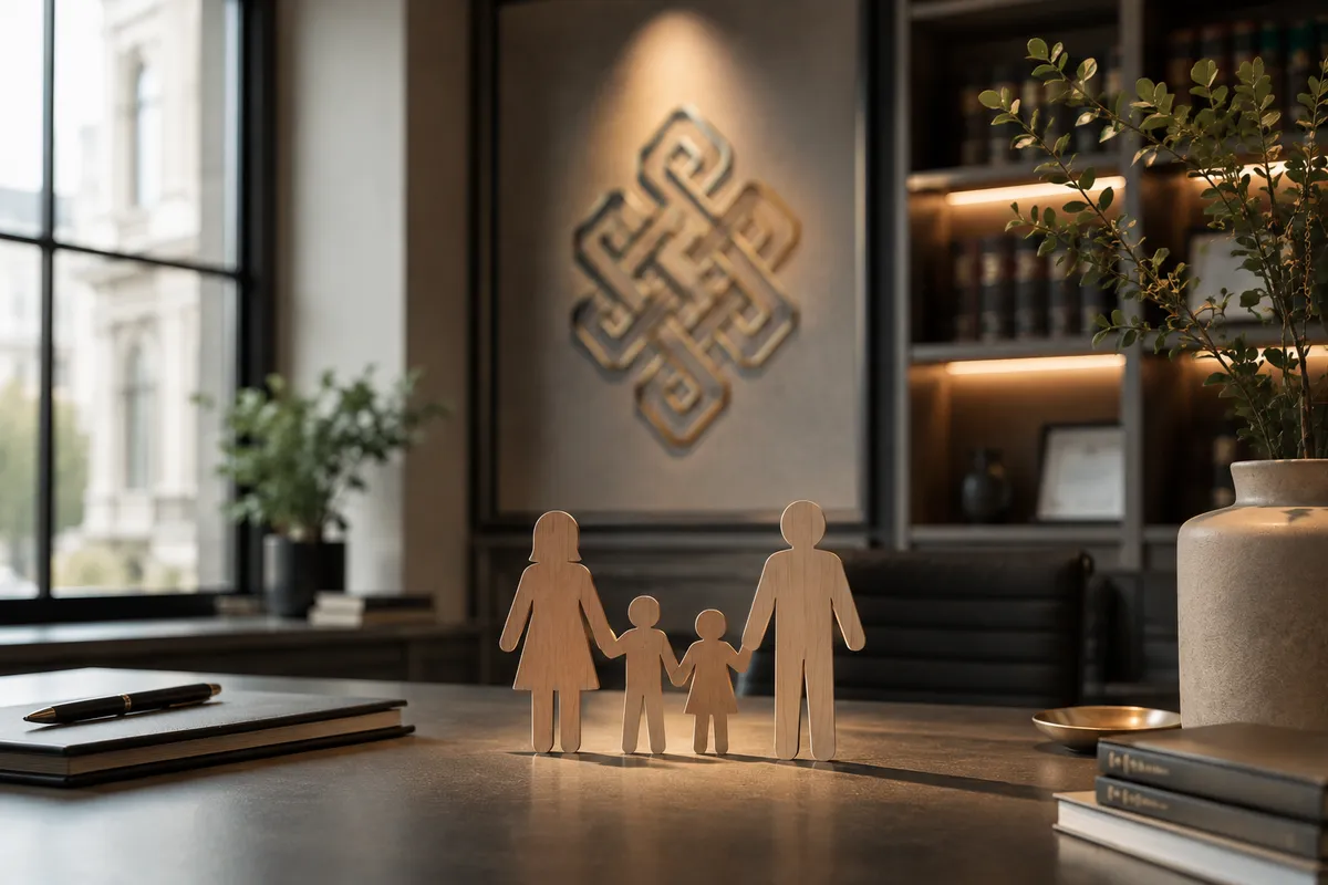 Holzfiguren einer Familie auf einem Schreibtisch, im Hintergrund der CORE.-Knoten