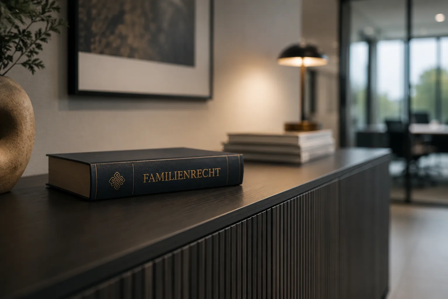 Ein Band mit der Aufschrift Familienrecht auf einem Sideboard, dahinter der Besprechungsraum